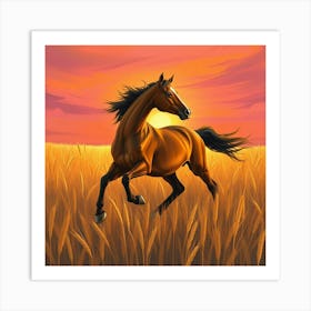 Horse Galloping In The Field At Sunset Art Print