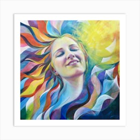 Whimsical Bliss: Colorful Painting of a Woman with Closed Eyes and a Peaceful Smile. Art Print