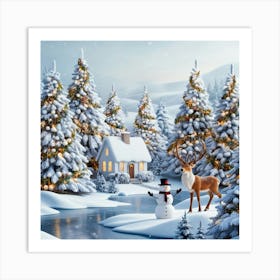 Christmas Scene With Deer 1 Art Print