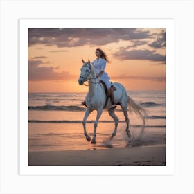 A Beautiful Girl Riding A White Horse In Front Of Art Print
