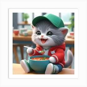 Cute Kitten Eating Soup Art Print