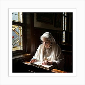 An Elderly Woman Of Faith Dressed In A White Cardigan Is Absorbed In Reading The Holy Bible Her H Art Print