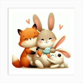 Cute Fox And Bunny Art Print