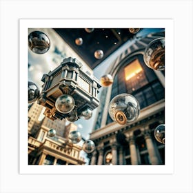 Floating Cube With Reflective Spheres In A City Setting Art Print