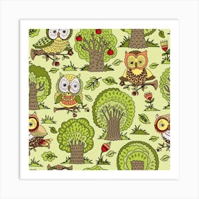 Seamless Pattern With Trees Owls Art Print