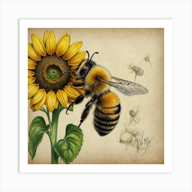 Bee And Sunflower Art Print