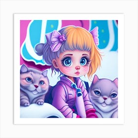 Little Girl With Cats Art Print