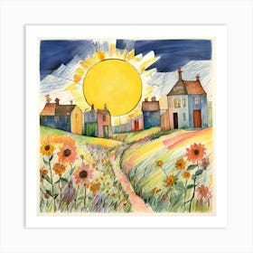 Crayon Drawn Landscape Featuring A Sun Smiling In The Corner Oversized Flowers With Irregular Petal 417913799 (1) Art Print