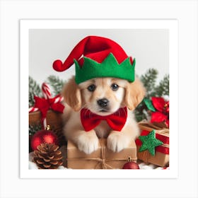 Golden Retriever Puppy In Christmas Hat Art Print