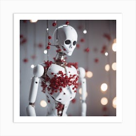 Porcelain And Hammered Matt Red Android Marionette Showing Cracked Inner Working, Tiny White Flowers (1) Art Print