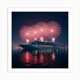 Luxurious Cruise Ship Under A Fireworks Display At Night 1 Art Print