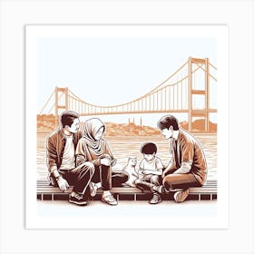 Family Sitting On A Bench Art Print