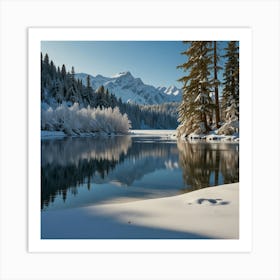 A Serene Winter Landscape With Snow Covered Trees, Frozen Lakes, And A Clear Blue Sky 2 Art Print