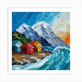 Acrylic and impasto pattern, mountain village, sea waves, log cabin, high definition, detailed geometric 11 Art Print