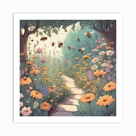 Magical Garden With Bees And Flowers, Pastel Art Print