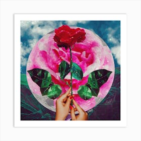 English Rose And Moon Collage Square Art Print