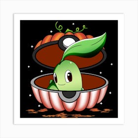 Chikorita In Pumpkin Ball - Pokemon Halloween Art Print