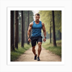 Muscular Man Running In The Forest Art Print