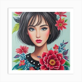 Asian Girl With Flowers Art Print