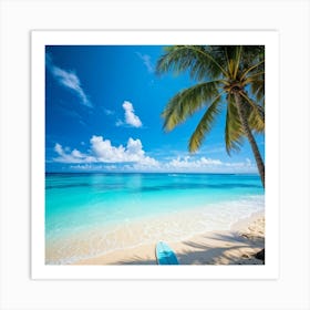 A Sunny Beach In A Tropical Paradise Palm Trees Bending Slightly Above The Turquoise Waters Edge (6) Art Print