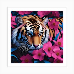 Tiger In Pink Flowers Art Print