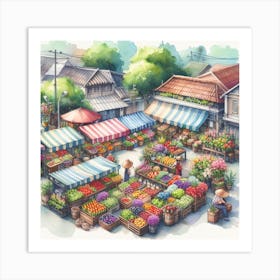 Details and Textures - Watercolor Painting of a Market with Produce and Vendors Art Print