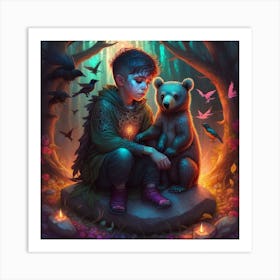 Jungle Kid with cute bear Art Print