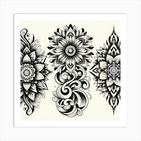 Black And White Floral Tattoos Art Print