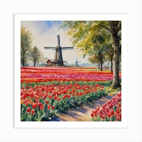 Tulips Field and Windmill Art Print