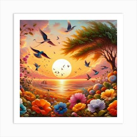 Sunset With Birds And Flowers Art Print