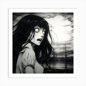 scared girl black and white manga Junji Ito style Art Print