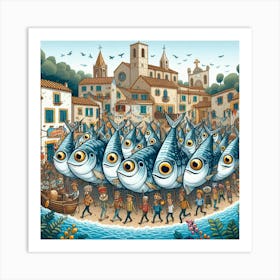 A Whimsical Sardine Parade Through A Mediterranean Village, Style Cartoon Illustration 2 Art Print