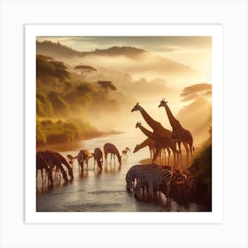 Giraffes At The River Art Print