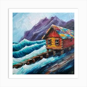 Acrylic and impasto pattern, mountain village, sea waves, log cabin, high definition, detailed geometric 10 Art Print