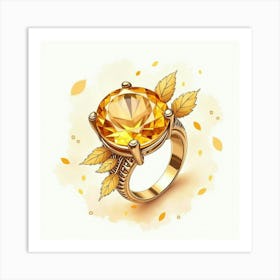 Citrine Ring, Watercolor, Golden Autumn Leaves 1 Art Print