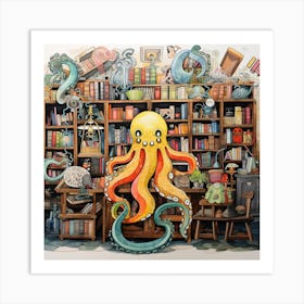 Octopus In The Library 1 Art Print