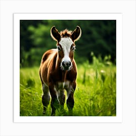 Grass Horse Green Brown Meadow Nature Young Baby Head Mammal Cow Calf Wild Donkey Pony (2) Art Print