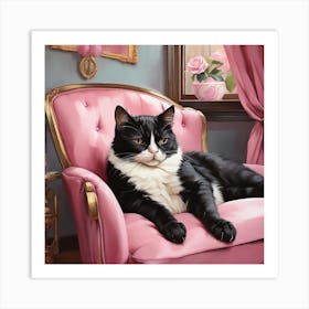 Cat Nap Tuxedo Cat Napping In Pink Interior Art Print 1 Art Print