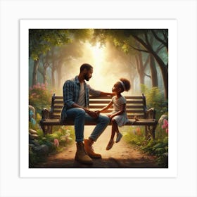 Dad with daughter in park bench Art Print