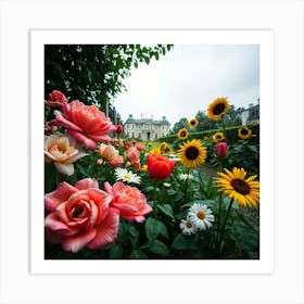 Sunflowers In Front Of A House Art Print