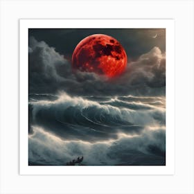 Red Moon Over The Ocean 1 Art Print