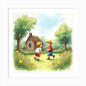 Watercolor Image Of Romanian Children Playing In An English Garden 1 Art Print