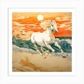 Horse Running On The Beach At Sunset Art Print