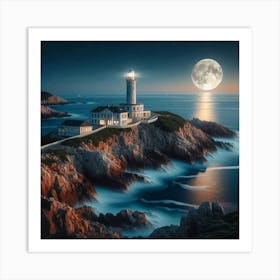 Full Moon Over Lighthouse Art Print