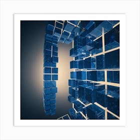Geometric Blue Cubes Form A Grid Like Network Suspended In Mid Air, Representing The Complexity Of Digital Systems Through Futuristic 3d Visualization Art Print