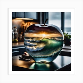Double Exposure Rendering Of Ocean Sunrise Within A Glas Apple On A Kitchen Table Art Print