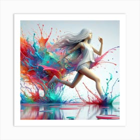 Girl Running With Paint Splashes Art Print