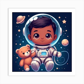 Little Astronaut With Teddy Bear Art Print