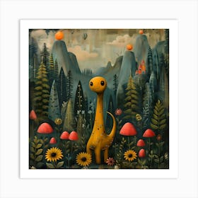 Dinosaurs In The Forest, Naïf, Whimsical, Folk, Minimalistic Art Print