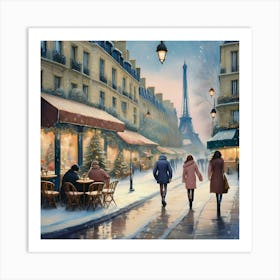 Paris cafes, winter season, Christmas, pale colors, pedestrians in the street, winter clothes, falling snow.6 2 Art Print